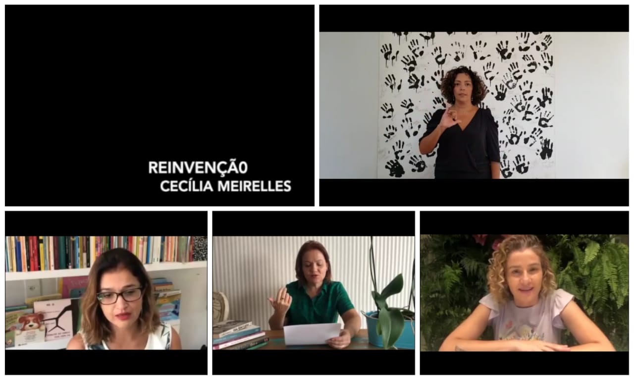 Na montagem, acima está a professora Soraya Bianca que produziu a versão em  Libras do vídeo-literário. Abaixo, estão as docentes Limerce Ferreira, Micheline Lages e James Deam que recitaram o poema 	"Reinvenção", de Cecílica Meireles. O vídeo foi editado pela professora Deusa Castro. (fotos: reprodução). 