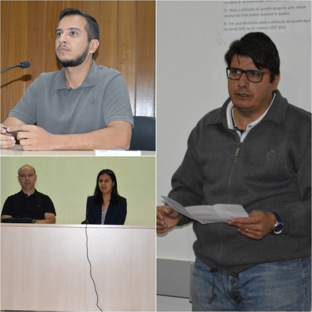 Candidatos a chefes do departamento 4, professor Vinícius Carvalhaes ( no canto superior esquerdo da imagem),  professores Iran Martins e Alessandra Araújo ( no canto inferior esquerdo da imagem)  disputaram a chefia do departamento 2 e professor Fábio Macedo ( lado direito da imagem) candidatou-se à reeleição ao chefe de departamento acadêmico 4, do Câmpus Goiânia.