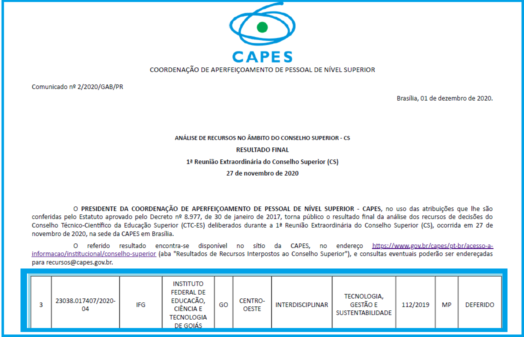 Mestrado aprovado no IFG