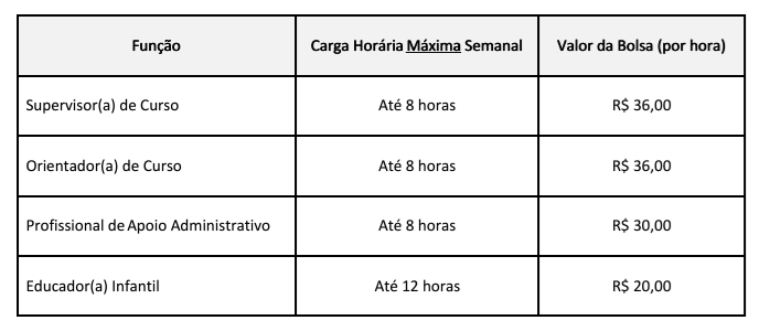 Quadro com as funções, carga horária e valores